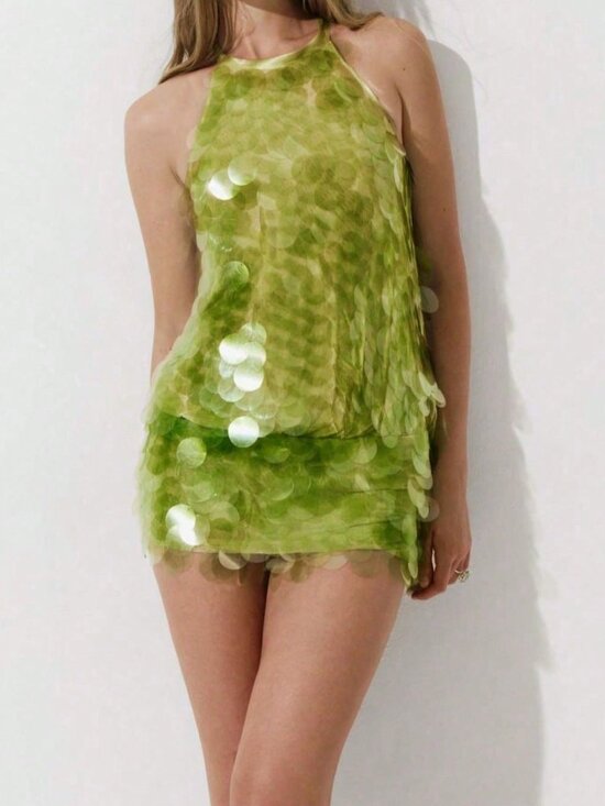 Dresses & Skirts - Green Vintage Women's Sequin Halter Bodycon Mini Dress